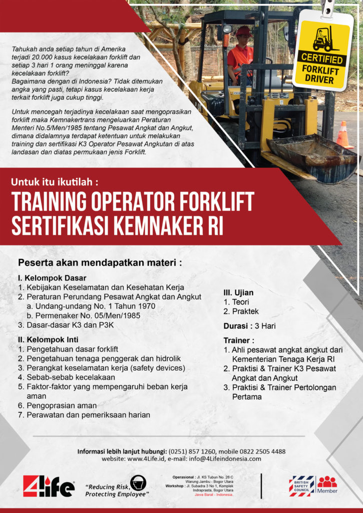Sio Forklift Sertifikasi Kemnaker 4life Indonesia Occupational Health Safety Services First Aid Care Product